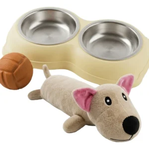 Kit Juguetes Para Perro Peluche Y Pelota Con Comedero Doble